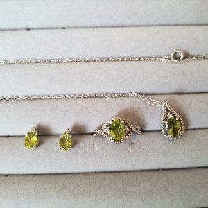 Peridot and Diamonds 3-Piece Set: Ring, Earrings, Necklace
